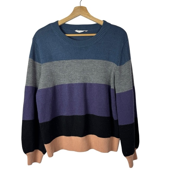 Boutique Elodie Blue & Purple Stripe Colorblock Crewneck Sweater L - Picture 2 of 4